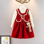 宝宝秋季套装连衣裙女童长袖红色礼服裙灯芯绒两件套网红背心裙潮