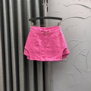 玫粉色高腰假两件牛仔短裤裙女2024年夏季时尚个性A字短裤潮