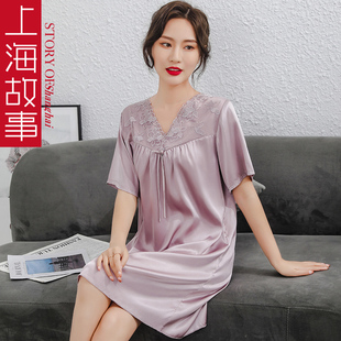 上海故事2023年睡衣，女士夏季冰丝，薄家居服仿真丝绸外穿睡裙