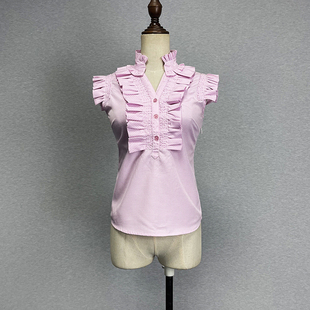 品牌折扣细格子套头衬衫女夏修身性感荷叶领花边无袖粉红V领衬衣