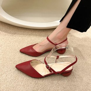 女2024春夏季网红显白红色浅口尖头半拖凉鞋圆形中跟包头低帮单鞋