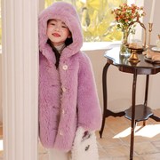 冬儿童皮草外套全羊毛，复合皮毛一体女童，羊剪绒大衣宝宝羊羔毛连帽