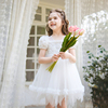 船鼠女童白色连衣裙夏装泡泡，袖花朵蕾丝裙子纱裙，小女孩儿童公主裙