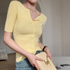 jwunique黄色短袖v领针织衫，女夏季2023修身显瘦薄款百搭上衣