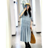 蓝色五分袖连衣裙女夏季穿搭2023韩系压褶设计感茶歇法式长裙