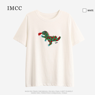 imcc喷火小恐龙t恤女卡通，贴布刺绣白色上衣，圆领短袖宽松打底衫ins