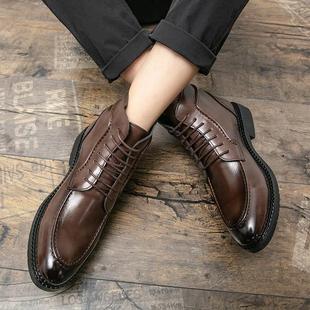 男士厚底休闲马丁靴系带英伦内增高商务尖头短靴加绒高帮皮鞋