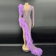 紫色钻石开衩单袖褶皱，薄纱饰边婚纱新娘，礼服长款舞会派对礼服聚会
