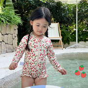 女童夏季速干长袖防晒泳衣女孩中小童洋气碎花连体海边游泳装