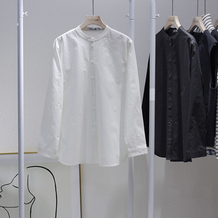 原创设计黑白色休闲立领衬衫，女款单排扣长袖洋气小衫百搭上衣大码