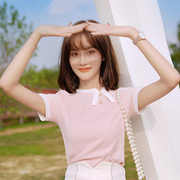 AT粉色甜美短袖T恤女潮夏季洋气钉珠毛针织衫修身设计感