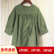 100-160，D品换标，个性不对称文艺风，女童秋装军绿色长袖连衣裙
