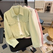 浅绿色polo领长袖衬衫外套，女春季白色，短款打底衫上衣时尚两件套装