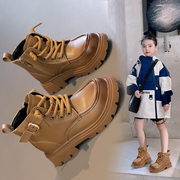 儿童短靴女童加绒马丁靴2023冬季男童皮靴英伦风擦色工装棉靴