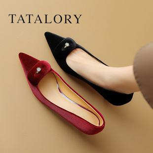 tatalory女鞋子绒面红色尖头，高跟鞋女婚鞋，春秋气质细跟浅口单鞋