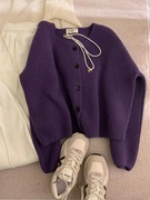 小香风紫色针织开衫，女春秋2023年韩版宽松短款设计感毛衣外套