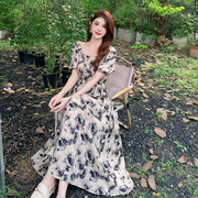 夏季法式复古水墨玫瑰连衣裙韩版甜美气质泡泡袖收腰长裙