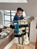 女童韩版洋气冬装儿童休闲条纹撞色加厚毛呢大衣宝宝保暖夹棉外套