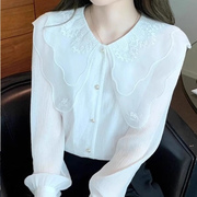娃娃领白色雪纺衬衫女长袖2024春季法式刺绣小衫时尚气质上衣