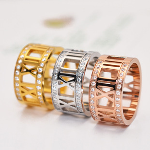   罗马镶钻玫瑰金戒指男女士情侣款对戒 女生戒指 14k钛钢