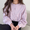 韩国chic温柔香芋紫显白圆领木耳边前后两穿宽松泡泡袖衬衫上衣女