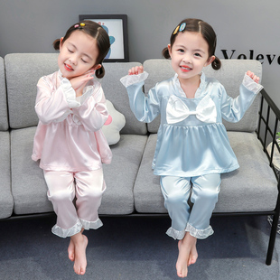 女童冰丝绸睡衣套装2024春秋薄款女孩儿童6岁3夏季居家空调服