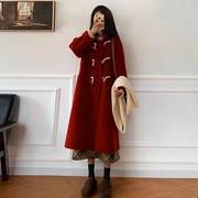 杭州意法高端女风衣红色双面羊绒牛角扣大衣女中长款2023秋