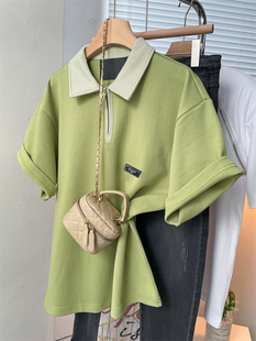美式复古绿色正肩polo衫女夏季短袖t恤学院运动风设计感小众上衣