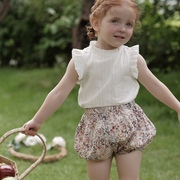 女童夏季套装2024复古女宝宝花苞裤，碎花短裤洋气短袖两件套潮
