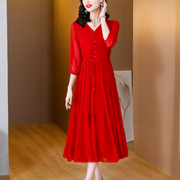 连衣裙女2024年春夏雪纺显瘦气质，款淑女红色垂感大气中袖裙子