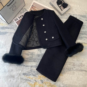 黑色小香风羽绒服套装女2023冬季狐狸毛短外套长裙时尚两件套