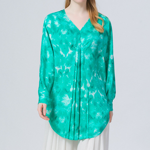 ()100%真丝提花绿色V领衬衫蝙蝠袖褶皱设计感高雅桑蚕丝T恤