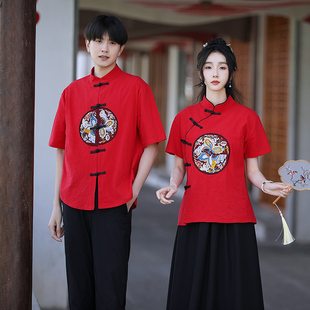 新中式情侣装夏装红色短袖t恤男一裙一衣订婚衣服套装高级感潮流