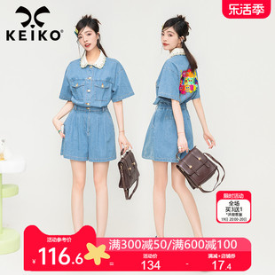keiko法式复古工装牛仔，连体裤女薄款夏季收腰显高显瘦连身衣短裤
