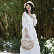 乱在江南细苎麻炒色七分袖圆领连衣裙夏季女装文艺白色长裙