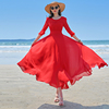 2023连衣裙夏天红色雪纺气质收腰显瘦高端大摆沙滩裙海边度假