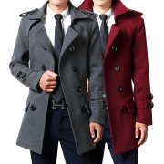 冬装男士毛呢大衣中长款秋季双排，扣青年风衣，修身韩版男装加厚外套
