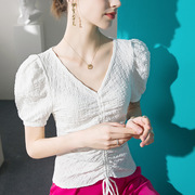 雪纺泡泡袖上衣女短袖蕾丝，2023夏季抽绳设计时尚减龄t恤小衫
