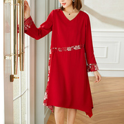 红色连衣裙2022春款大码宽松气质中长款胖mm长袖度假a字蕾丝裙