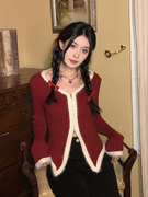 新年复古红色毛衣外套女秋冬修身显瘦纯欲风辣妹V领针织开衫上衣