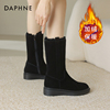 达芙妮雪地靴女2023冬季加绒加厚靴子，黑色坡跟中筒保暖棉靴女