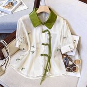 新中式盘扣刺绣撞色短袖雪纺衬衫女夏季大码设计感别致衬衣上衣潮