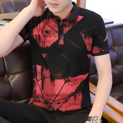 男士短袖t恤潮流个性韩版印花衣服有带领棉半袖丅桖青年T桖