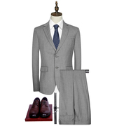 美尔牌男装两粒扣西服，羊毛平驳领灰色条纹，商务休闲西装套装120091