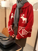 圣诞麋鹿翻领提花红色毛衣外套女冬韩系百搭减龄复古撞色针织开衫