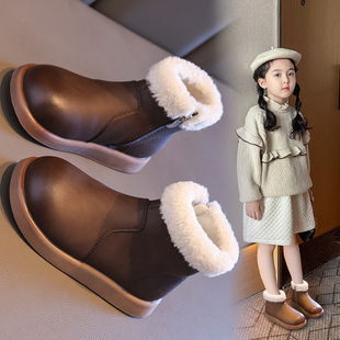 女童棉靴2023冬季毛毛口皮靴加绒软底中大童宝宝短靴儿童棉鞋