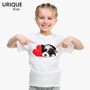 爱心狗狗小狗图案莫代尔，儿童t恤女童装，短袖圆领可爱动物亲子宝宝