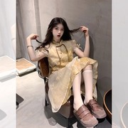 新中式国风黄色泡泡短袖连衣裙女2024夏季拼接不规则设计感长裙潮
