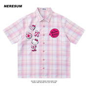 Neresum夏季kitty猫格子短袖衬衫女宽松潮流情侣学生小众可爱衬衣