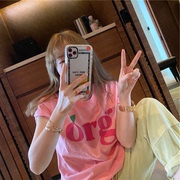 2022夏季韩版字母印花粉色纯棉短袖t恤女宽松百搭圆领打底衫